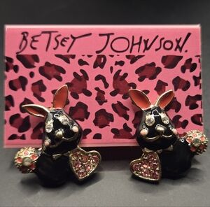 Betsey Johnson Bunny Earrings | Black Enamel Rabbit Studs w/ Rhinestones